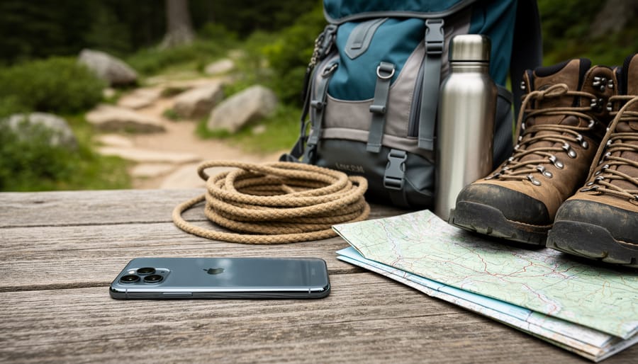 Smartphone lying face-down next to hiking boots on a forest trail