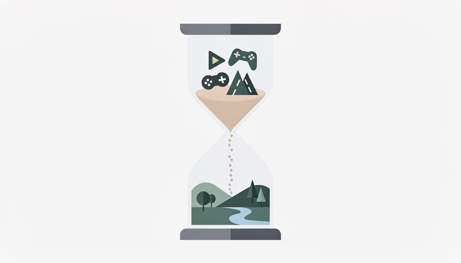 Sand timer on a camp log next to a compass and campsite items