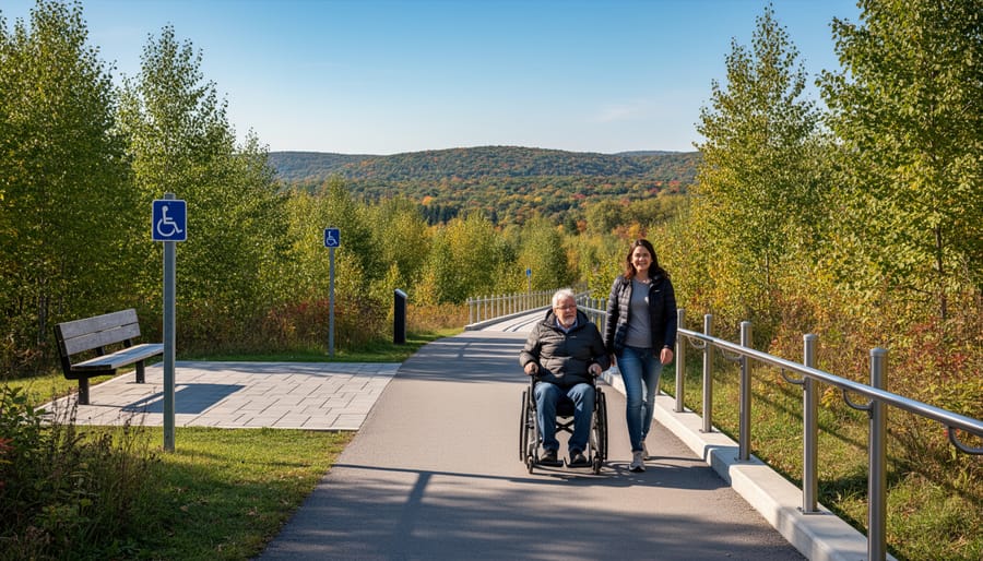 Stroller-friendly and wheelchair-accessible path along the lake in Mont-Saint-Bruno National Park
