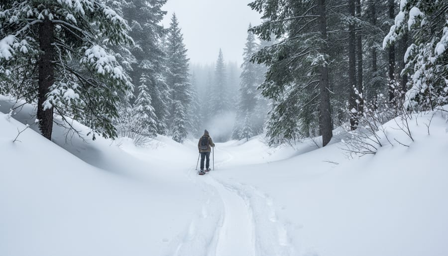 Winter hiker walking on a snow-covered trail alongside groomed tracks at Mont-Saint-Bruno