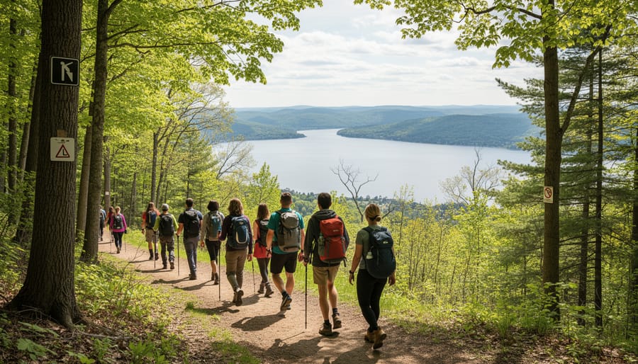 Hikers on a maintained trail with a distant lake view in Mont-Saint-Bruno National Park