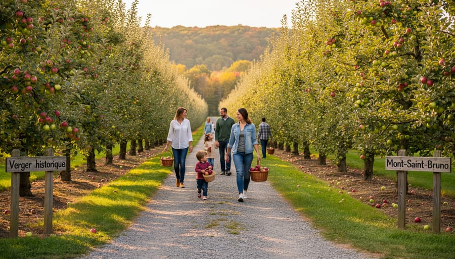 Heritage apple orchard trees with a path leading through the rows at Mont-Saint-Bruno