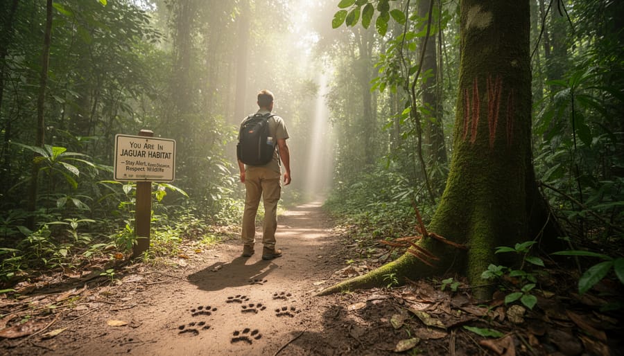 A hiker standing on a forest trail in jaguar habitat with muddy ground showing faint animal tracks.