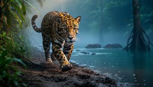 A jaguar prowling along a misty, flooded riverbank at dawn in a green rainforest habitat, with water and wet vegetation suggesting peak wet-season hunting conditions.