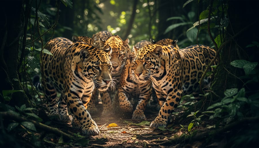 Two jaguars in dense jungle vegetation, one stepping forward as light filters through leaves.