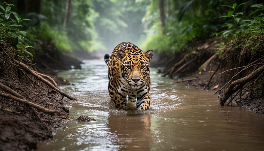 A jaguar walking along a muddy riverbank with wet ground and surrounding tropical vegetation.