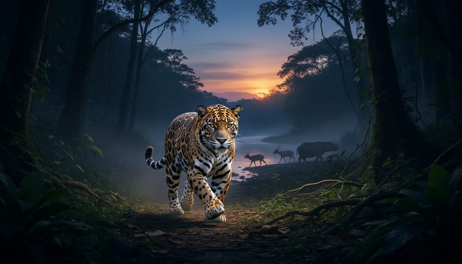 A jaguar crouched in dry grass at twilight, alert and watching in a forest clearing.