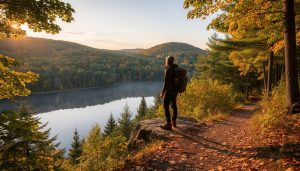 “Hiker at a scenic overlook in Mont-Saint-Bruno National Park, looking over a reflective lake and autumn maple forest hills.”