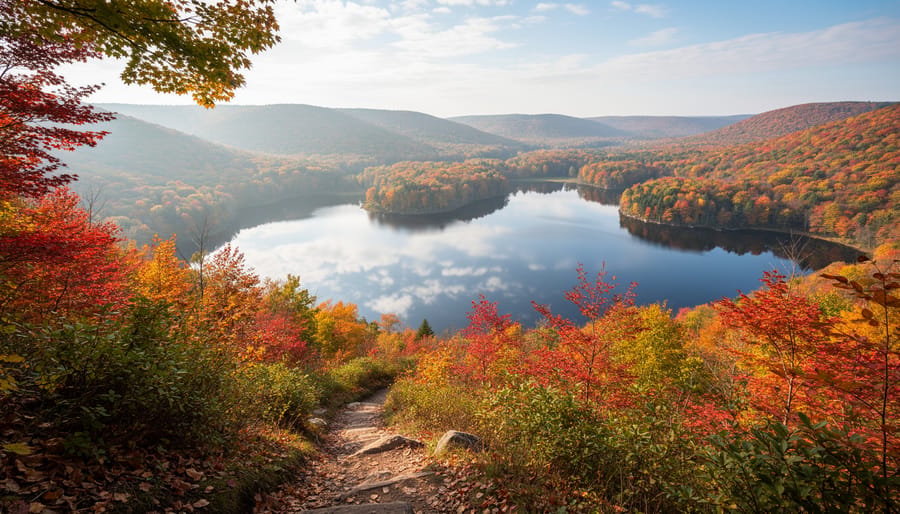 Wide scenic view of Mont-Saint-Bruno National Park with autumn foliage and lakes