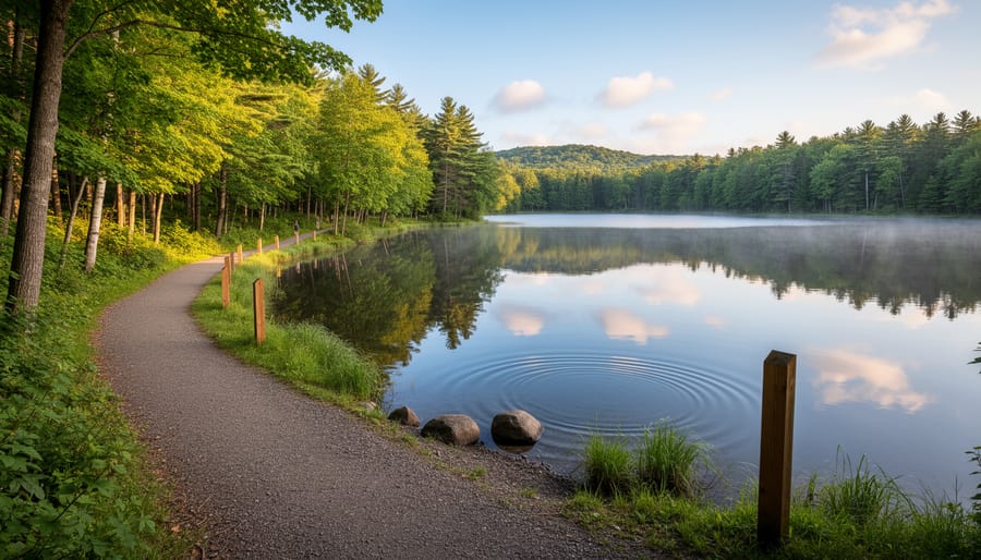 Lakeside trail beside calm water with benches and reflected shoreline in Mont-Saint-Bruno