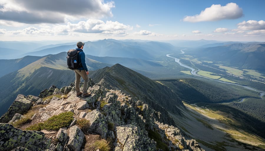 Hikers on a steeper rocky path with panoramic view toward the Montreal area from Mont-Saint-Bruno