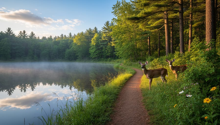 White-tailed deer standing near the forest edge close to a lake at Mont-Saint-Bruno